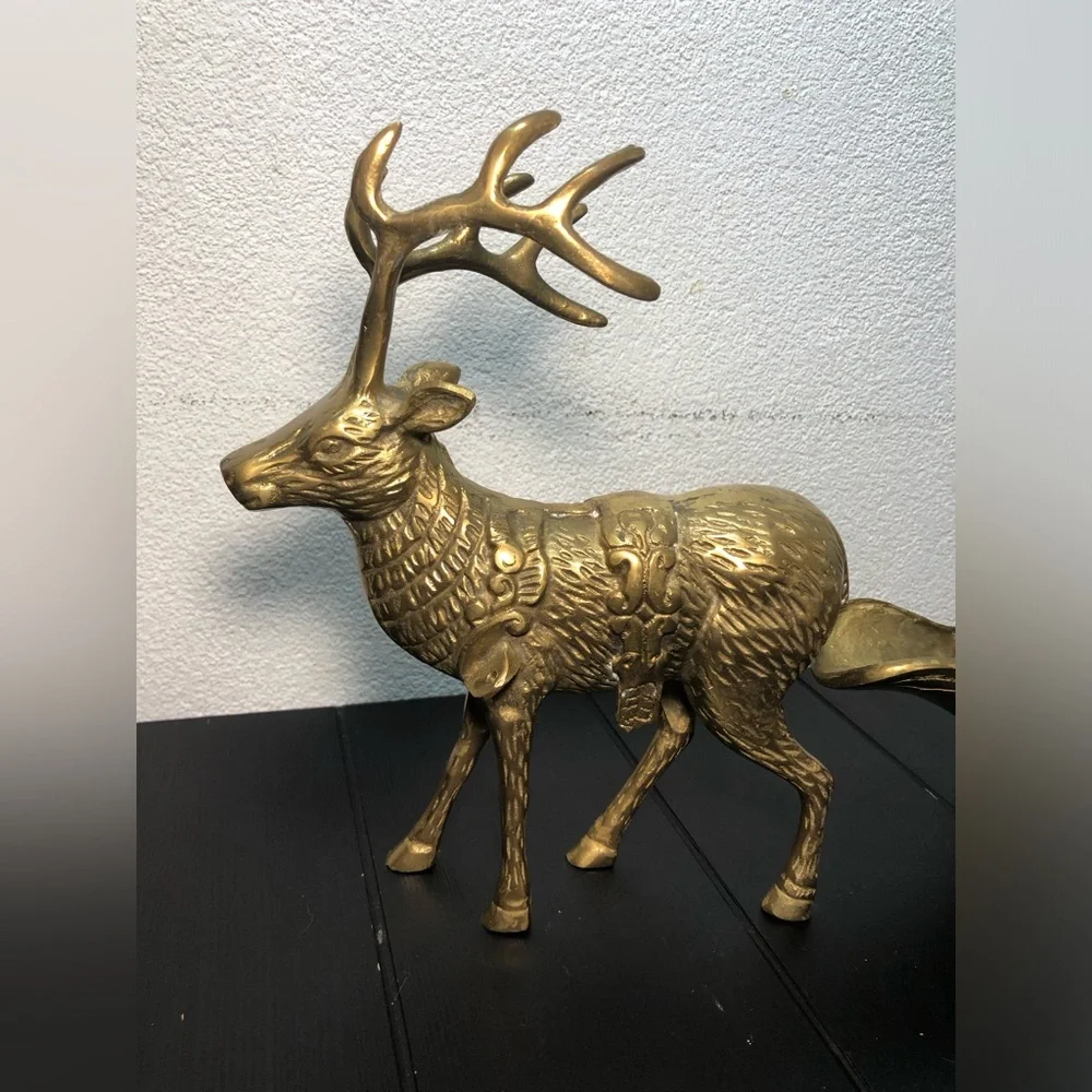 VINTAGE  LARGE BRASS REINDEER SLEIGH CHERUB SET CHRISTMAS HEAVY